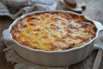 A golden-baked chicken enchiladas casserole with melted cheese and red sauce, served in a white dish on a rustic table