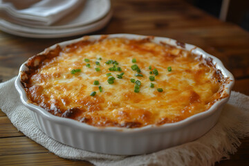 A golden-baked chicken enchiladas casserole with melted cheese and red sauce, served in a white dish on a rustic table