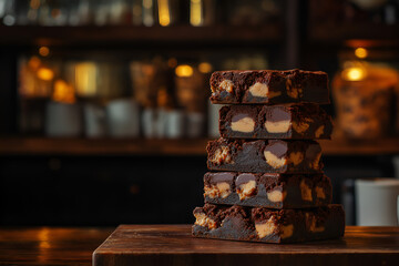A decadent stack of peanut butter cup brownies, rich chocolate brownies with visible chunks of peanut butter cups