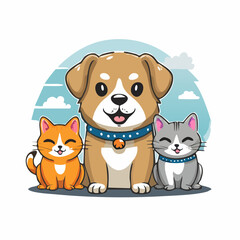 Funny pets, dogs and cats, vector illustration in trendy flat simple linear style, funny mascot and cartoon character, friendly sticker and badge for advertising, social media