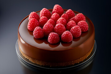A rich chocolate raspberry cheesecake with glossy raspberries on top