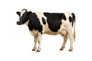 Holstein dairy Cattle cow standing on transparent background. perfect for agricultural, farming, dairy production, milk industry, packaging, and advertisements, clipping path