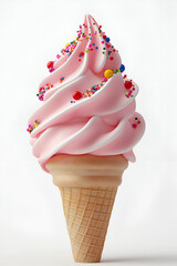 Ice cream cone with strawberry soft-serve, sprinkles, and candy on top, against a white background