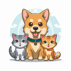 Funny pets, dogs and cats, vector illustration in trendy flat simple linear style, funny mascot and cartoon character, friendly sticker and badge for advertising, social media