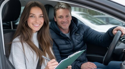 Young caucasian female teen in driving lesson with male instructor, smiling inside car