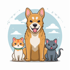 Funny pets, dogs and cats, vector illustration in trendy flat simple linear style, funny mascot and cartoon character, friendly sticker and badge for advertising, social media
