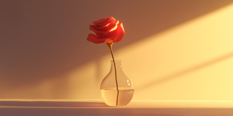 A single red rose in a clear glass vase, with soft light illuminating it from the side