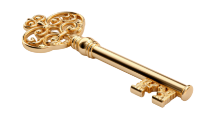 Golden Key Unlocking Potential: A close-up shot of an antique golden key lies against a pristine backdrop, symbolizing access, opportunity, and the unlocking of hidden treasures.