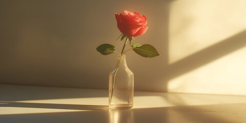 A single red rose in a clear glass vase, with soft light illuminating it from the side