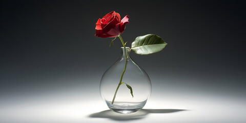 A single red rose in a clear glass vase, with soft light illuminating it from the side