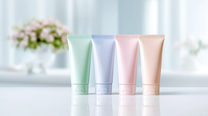 A close-up studio shot of four vibrant, pastel-toned cosmetic tubes (aqua, lilac, coral, and apricot) with a subtle glittery texture,arranged on a glossy, glossy,shiny, lipstick,pastel gradient.