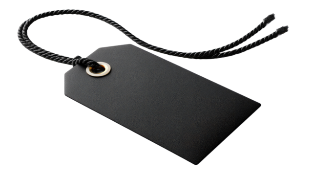 Black Tag with String: A simple, elegant black tag with a black string, perfect for adding a touch of sophistication to your designs. The tag is blank, providing ample space for your text or branding.