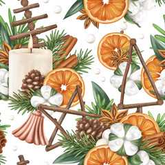 Seamless Christmas pattern made of natural organic decorations, pine branch, cone, orange, candle, bell. Sustainable Christmas celebration, winter recyclable materials. Hand drawn drawing, background