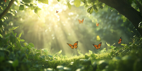 A sunlit forest clearing with soft beams filtering through dense green leaves, butterflies fluttering above the grass