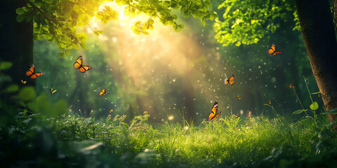 A sunlit forest clearing with soft beams filtering through dense green leaves, butterflies fluttering above the grass