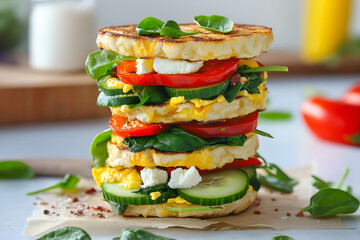 Mediterranean breakfast sandwiches stacked with spinach, cucumber, roasted red peppers, feta, sunny kitchen background, fresh and colorful presentation