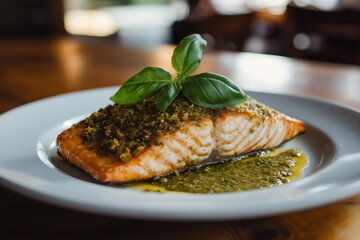 Pesto-crusted salmon fresh from oven, golden crust, basil garnish, white plate on wood table, soft kitchen lighting, shallow depth of field