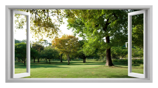 Open Window Vista: An open window frames a breathtaking outdoor scene, offering a serene view of a lush green lawn and vibrant trees, filling the space with natural light and a sense of openness.