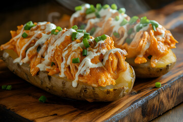 Steaming baked russet potatoes split open, topped with shredded buffalo chicken, melted cheddar, ranch drizzle, green onions, rustic wooden plate, cozy lighting