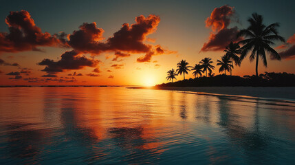 Sunset beach with palm tree, calm water, vibrant sky, tropical landscape, relaxing mood, reflection