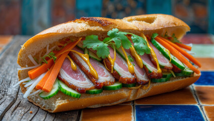 A crispy Vietnamese banh mi sandwich with pork and pickled veggies