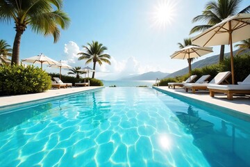 Sparkling clean pool water, reflecting sunlight on a pristine white pool deck Perfect for summer relaxation and luxury resort imagery , resort, bright, clean water