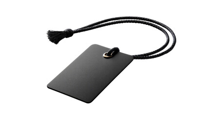 Elegant Black Tag with Cord: A sleek, minimalist tag hangs gracefully, suspended by a delicate cord with a subtle tassel, creating a sense of refined simplicity.