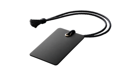 Elegant Black Tag with Cord: A sleek, minimalist tag hangs gracefully, suspended by a delicate cord with a subtle tassel, creating a sense of refined simplicity.