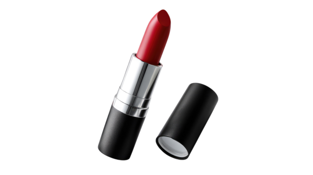 Crimson Kiss: A vivid, photorealistic studio shot captures a vibrant red lipstick with its cap set aside, conveying elegance and feminine allure.