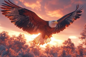 Majestic eagle soaring through a vibrant sunset sky.