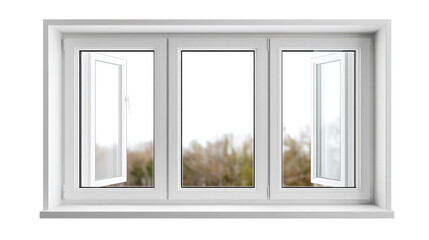 Open window view : A bright photo shows a modern white window with a view of trees. The three panes, with two slightly ajar, let light into a bright, spacious setting. 