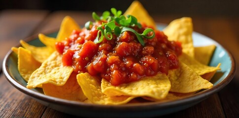 A generous serving of crispy tortilla chips piled high, generously topped with a vibrant, chunky tomato sauce Perfect for game day or a casual snack , tomato, mexican food
