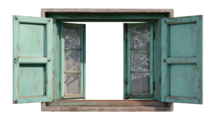 Open Window to Serenity: An antique window, weathered by time, stands ajar, inviting a breath of fresh air. The rustic teal shutters reveal a glimpse of the outside world.