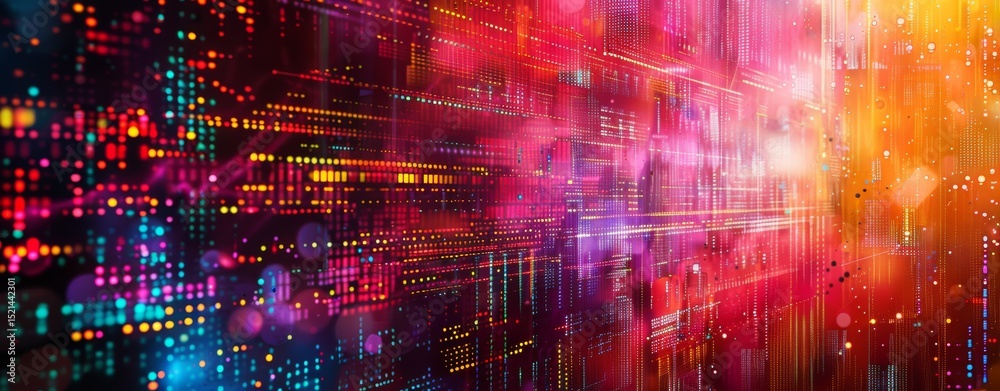 Poster A dynamic digital background with colorful lights and intricate data patterns, creating a stunning visual effect