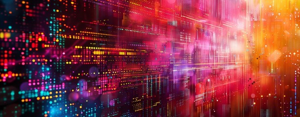 A dynamic digital background with colorful lights and intricate data patterns, creating a stunning visual effect
