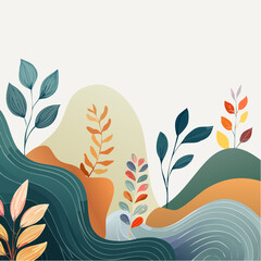 Png in simple flat geometric and linear style in bright colors - with decorative flowers, leaves and bird with copy space for text - design for wedding invitations