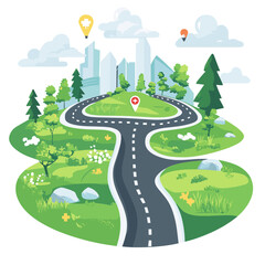 Obraz premium Pixel Art Style Cityscape with Winding Road Through Lush Green Landscape Flat Design Digital Illustration