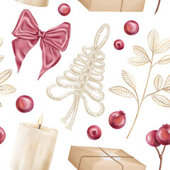 Seamless Christmas pattern, natural organic decorations. Gift box, bow, braided ornaments, candle, cranberry berries. Sustainable Christmas celebration, recyclable materials. Hand drawn background