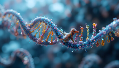 Title: Colorful DNA Helix with Miniature Lizard, Art Meets Science in Genetic Visualization