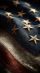 Detailed view of an American flag highlighting stars and fabric textures during a sunny day in a quiet outdoor setting