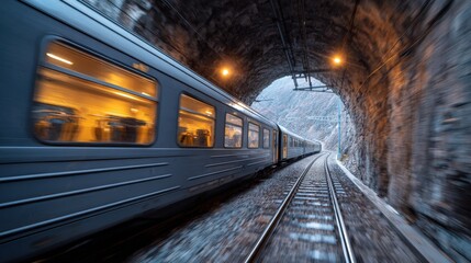 Obraz premium Fast Train Traveling Through Mountain Tunnel Scenic Railway Journey