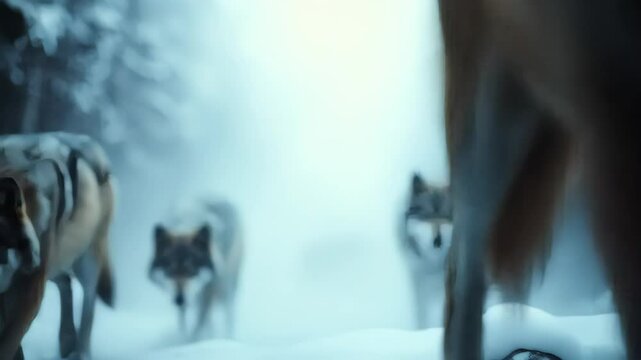 Gray Wolves Walking in Snowy Winter Forest