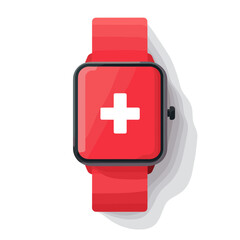 Obraz premium Red Smartwatch with White Medical Cross on White Background Promoting Health and Wellness Tracking
