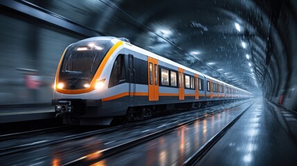 Naklejka premium High speed train traveling through a rainy urban tunnelModern rapid transit system in motion
