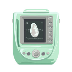 Fototapeta premium Retro Style Medical Scan Machine Featuring Light Green Color and Grayscale Screen with Diagnostic Display of an Unknown Object