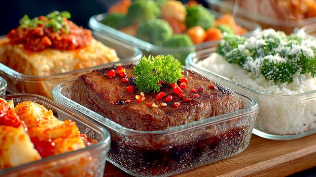 A steaming piece of grilled steak topped with red chili and parsley, served in a transparent meal prep container alongside assorted side dishes