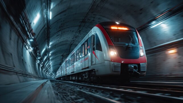 Fototapeta Modern High Speed Train Traveling Through a Dark Underground Tunnel