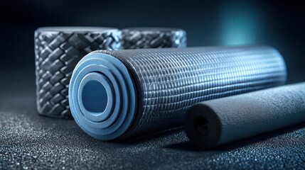 artistic professional photo of stretching area with foam roller and mat, perfect lighting, realistic and cinematic style