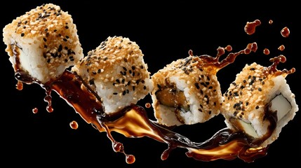artistic professional photo of sushi rolls flying apart with sesame seed motion, soy splash