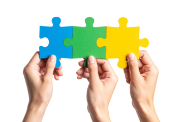 Three Hand Holding a Colorful Puzzle Piece, isolated on a transparent background